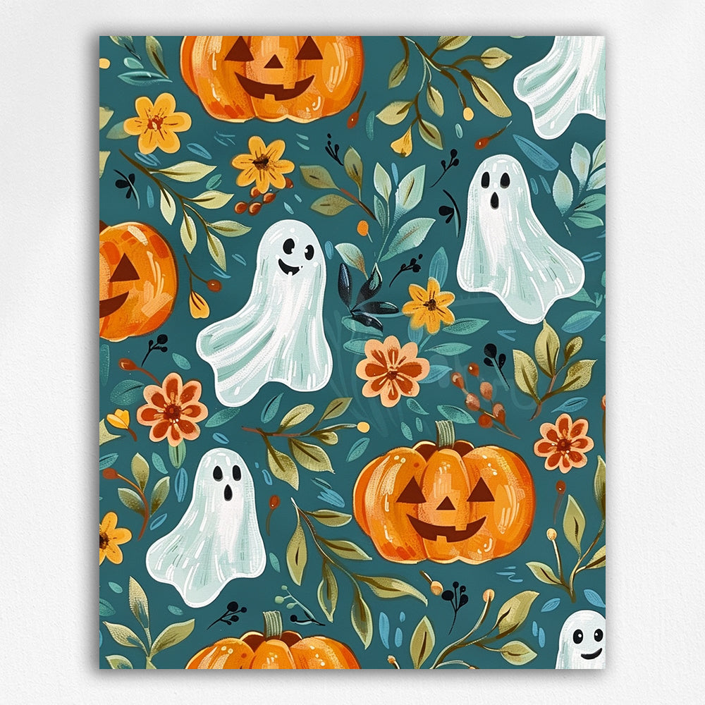 Teal Ghost + Pumpkin Floral Print#2