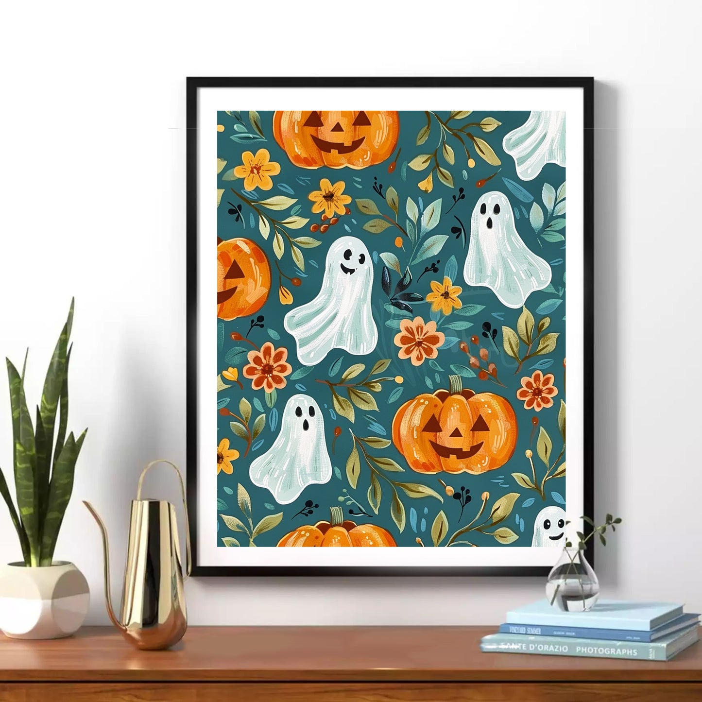 Teal Ghost + Pumpkin Floral Print#2