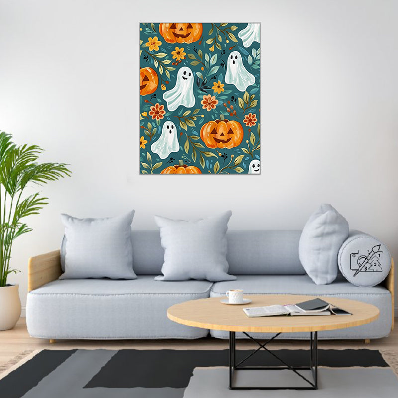 Teal Ghost + Pumpkin Floral Print#2